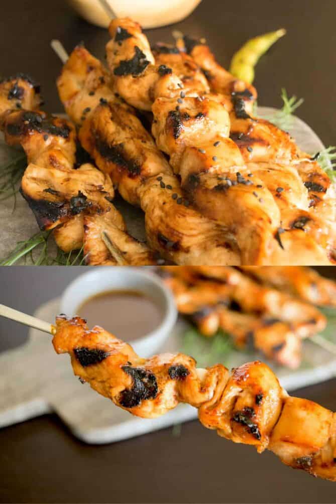 Grilled chicken with a little char coated in sesame seeds