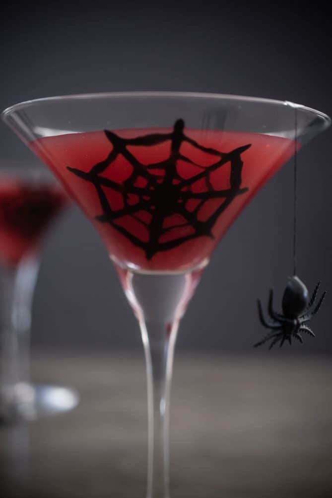 A closeup of a glass with a black spider web painted on the inside that has red liquid inside and a plastic spider hanging