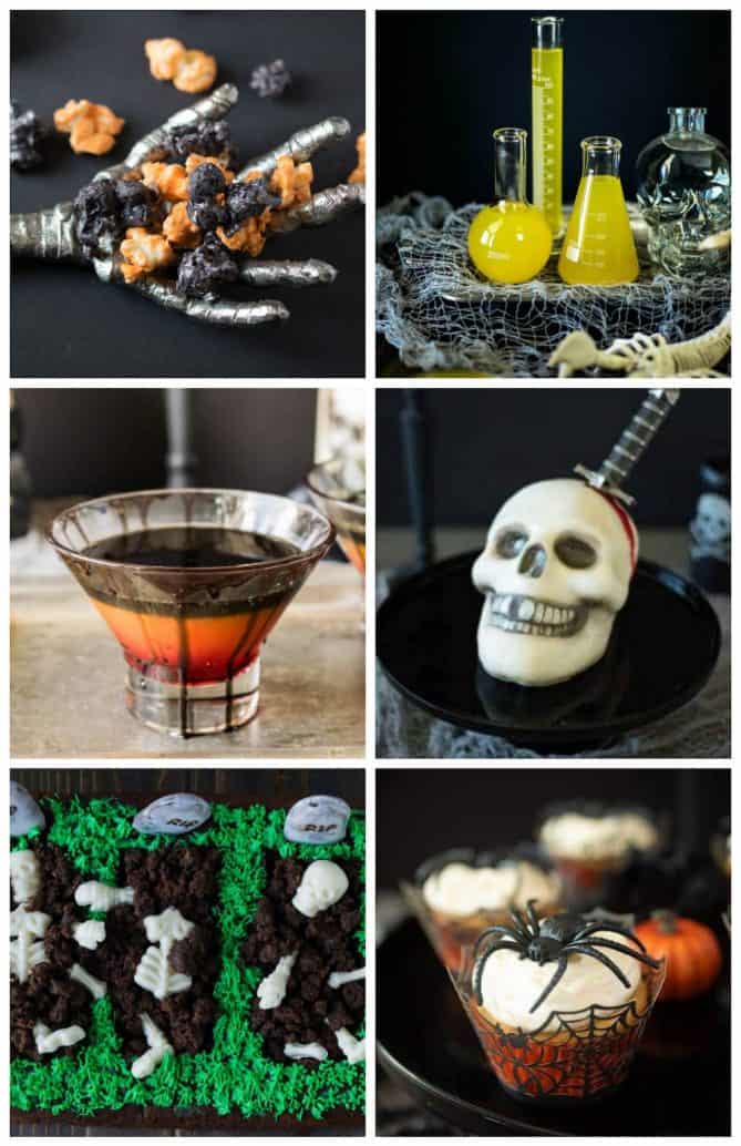 A collage of Halloween recipes like orange and black popcorn, a bright yellow drink in chemistry beakers, a skull cake and spider cupcake