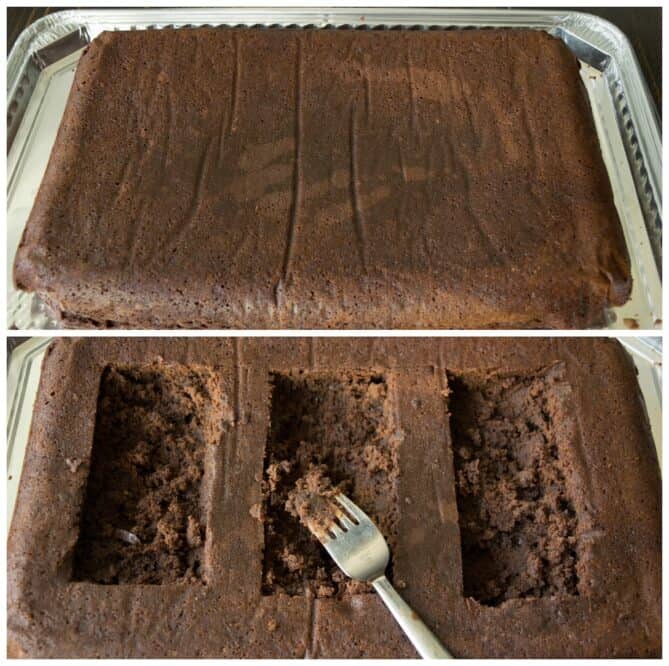 A large brownie with rectangles cut out