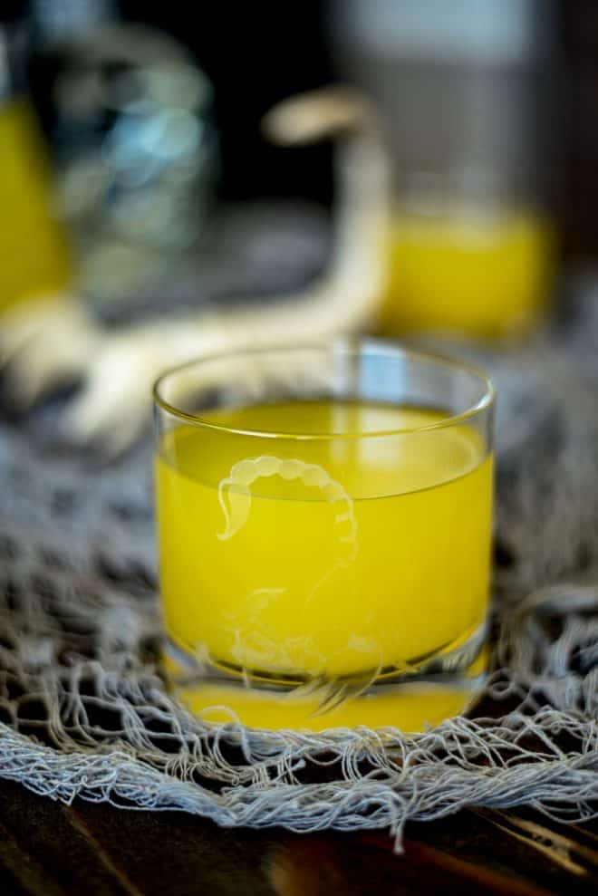 A scorpion glass filled bright yellow with Halloween Scorpion Venom Punch