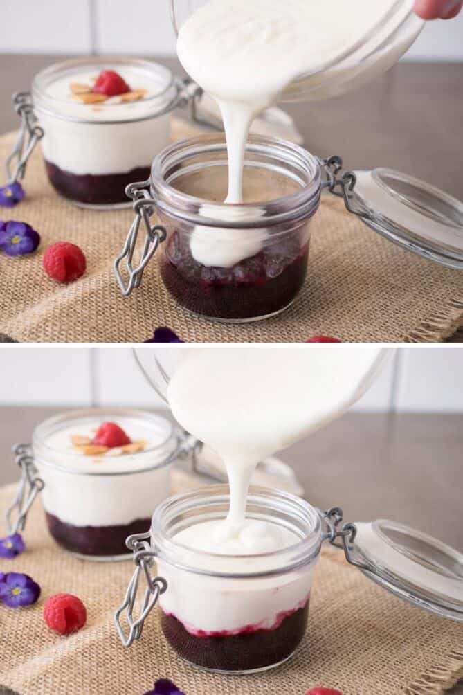 Pouring yogurt over fruit