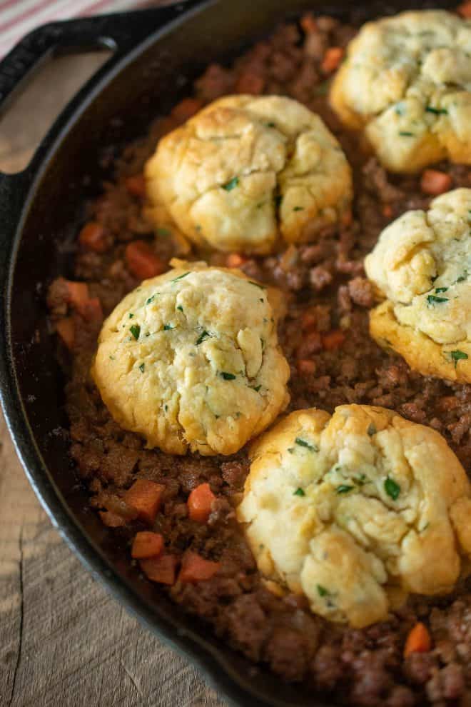 A closeup of minced beef and dumplings