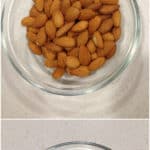A bowl of raw almonds and a bowl of peeled almonds