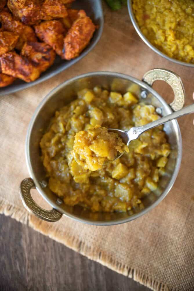 A bowl of Indian apple chutney viewed from overhead