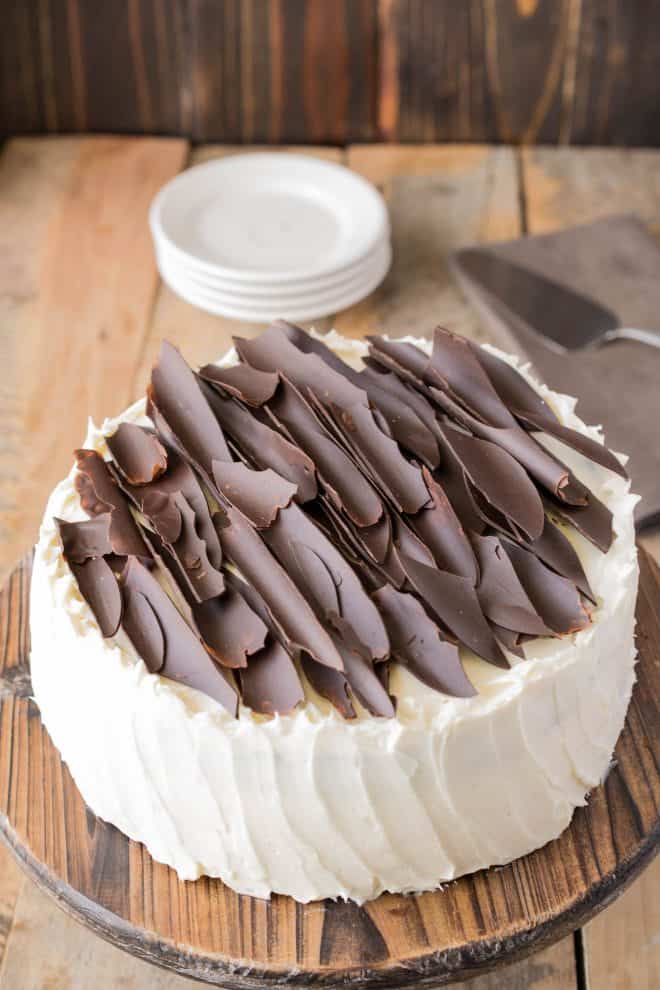 Irish Chocolate Cake using Irish butter covered with a Baileys frosting and chocolate shards