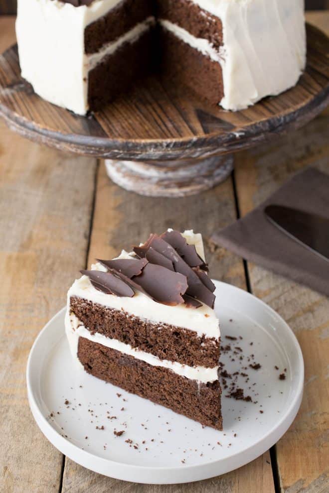 A slice of cake on a white plate