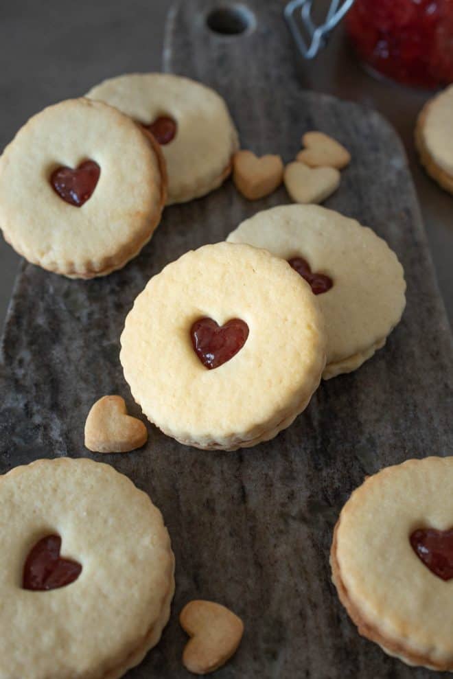 Shortbread cookies filled with jam with hear centers