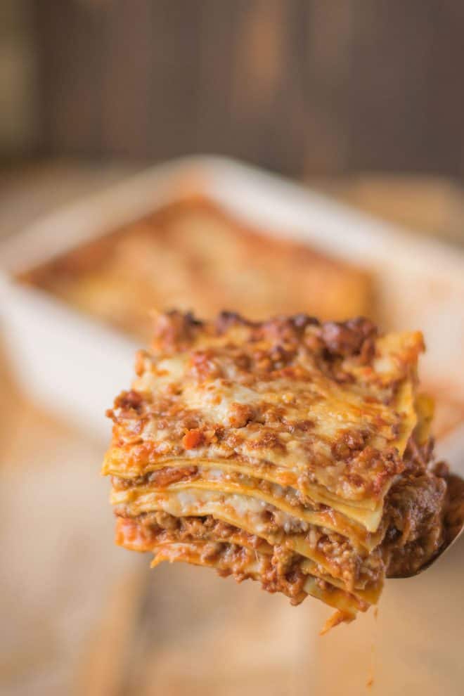 A slice of lasagna showing the many layers from the side
