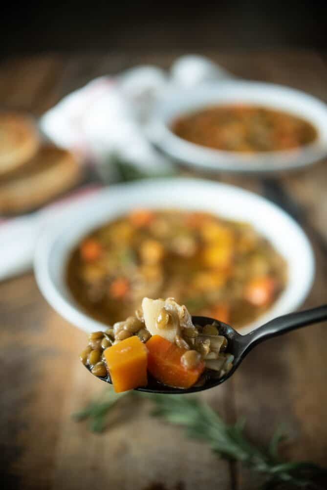 Spoonful of lentils with carrot, butternut squash and parsnip