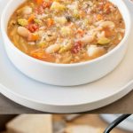 A bowl of Milanese Minestrone Soup and a bite on a spoon