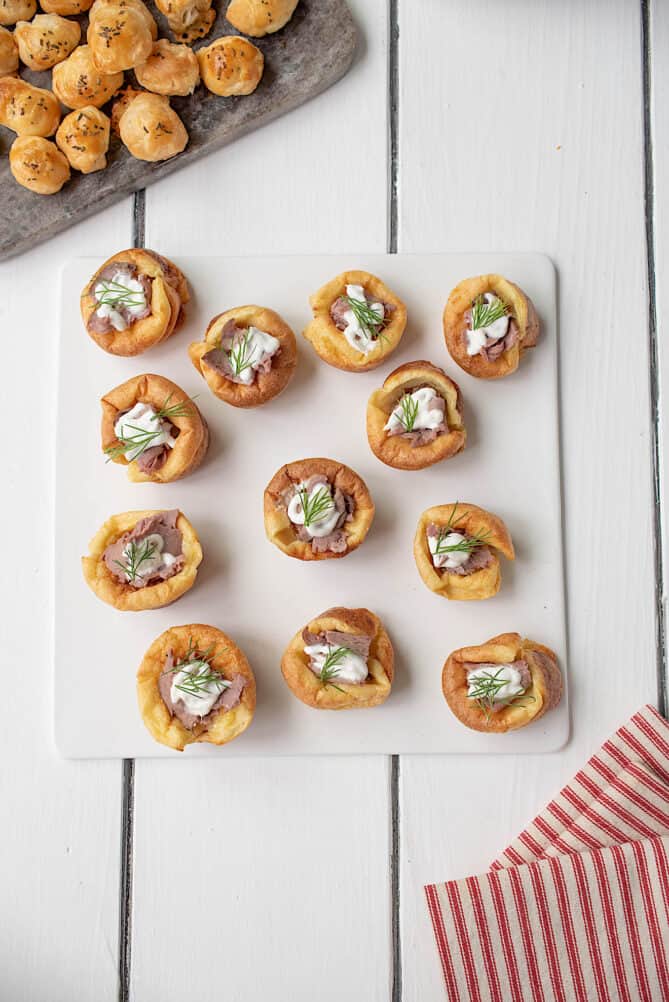 Mini roast beef Yorkshire pudding bites viewed from overhead
