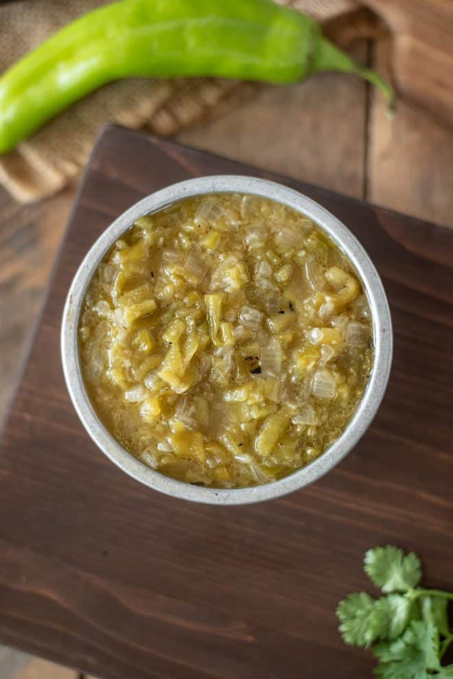 Hatch green Chile sauce viewed from overhead