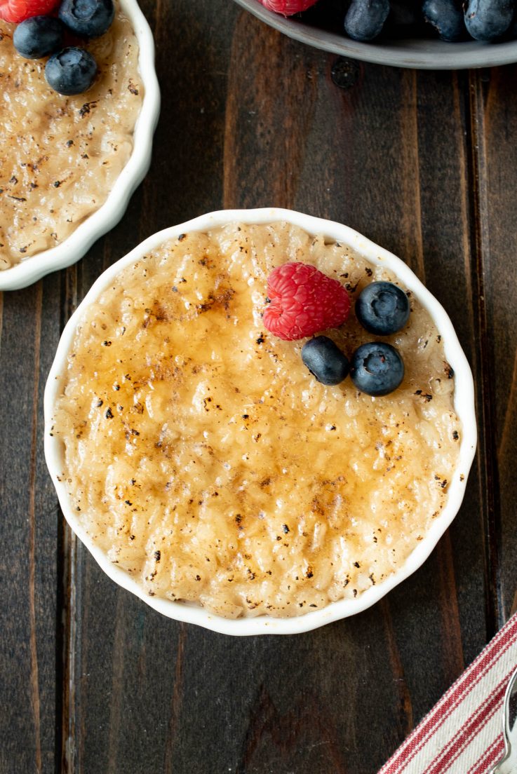 Rice pudding viewed from above with a browned top