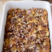 A French toast casserole in a rectangle dish fresh out of the oven