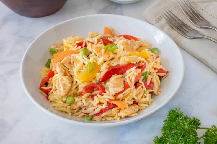 Colorful orange segments, roasted red peppers in an orange chicken orzo salad