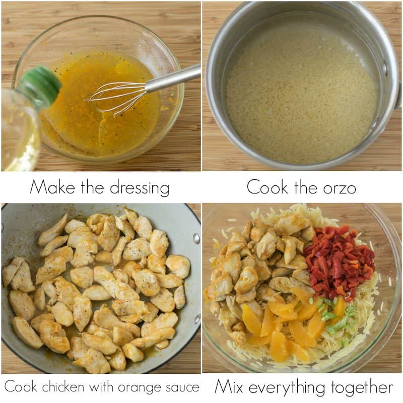 Mixing orange dressing and mixing with the chicken, vegetables and orzo