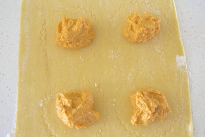 Pumpkin ricotta filling on fresh pasta