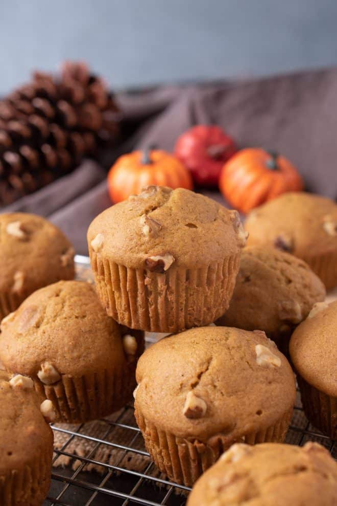 Pumpkin walnut muffins on a rack with 1 on top