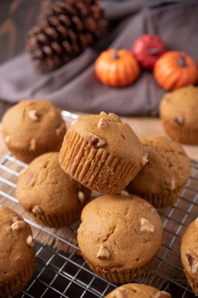 Pumpkin Walnut Muffins on a cooling rack