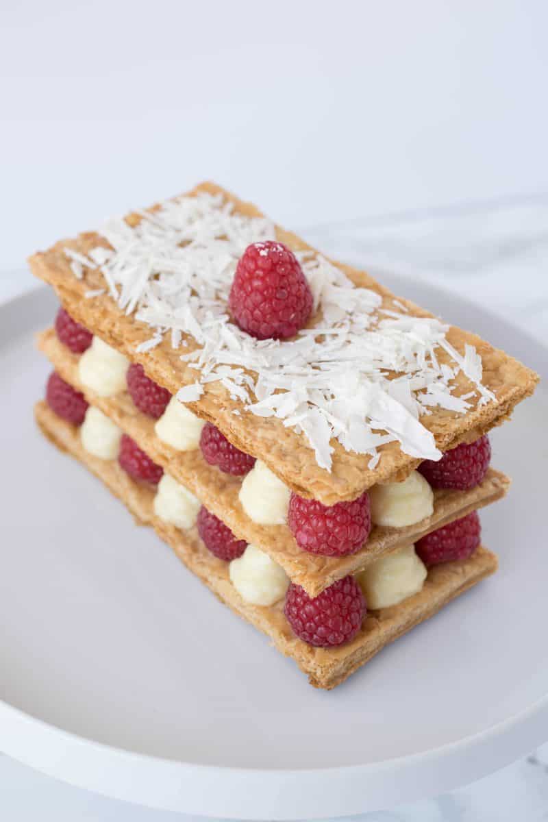 Raspberry Napoleon on a white plate