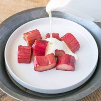Baked rhubarb on a white plate with English custard