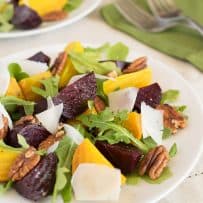 A closeup of the vibrant red and gold beets