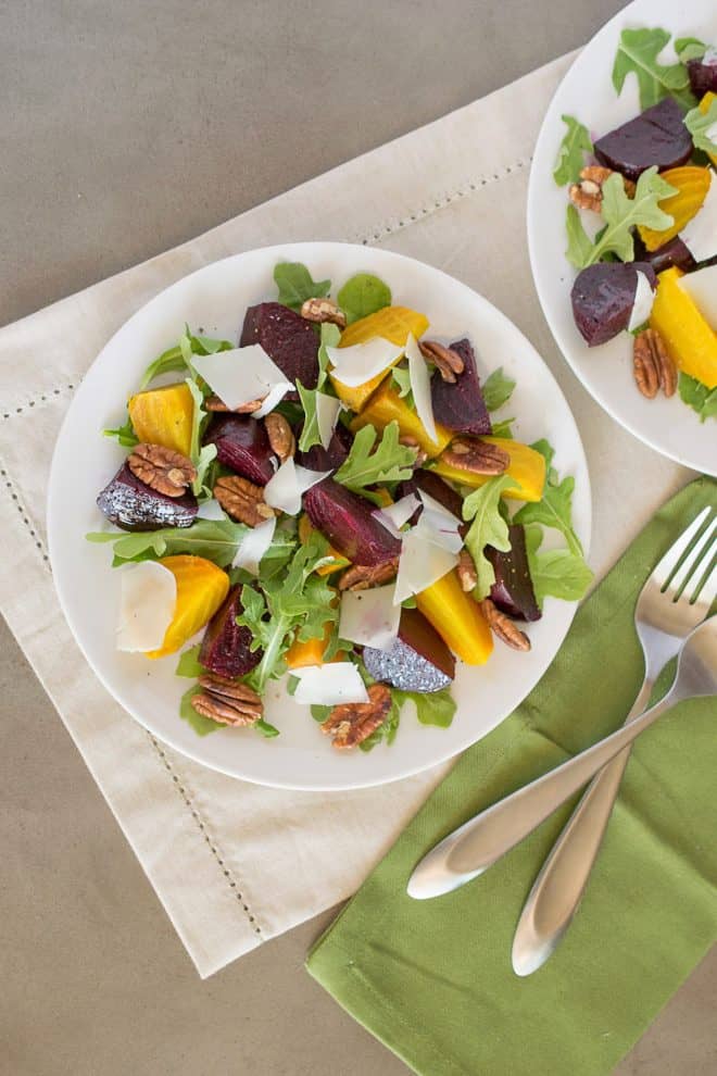 The salad viewed from overhead on a white plate