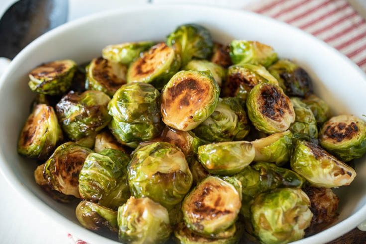 Perfectly roasted Brussels sprouts showing the glaze