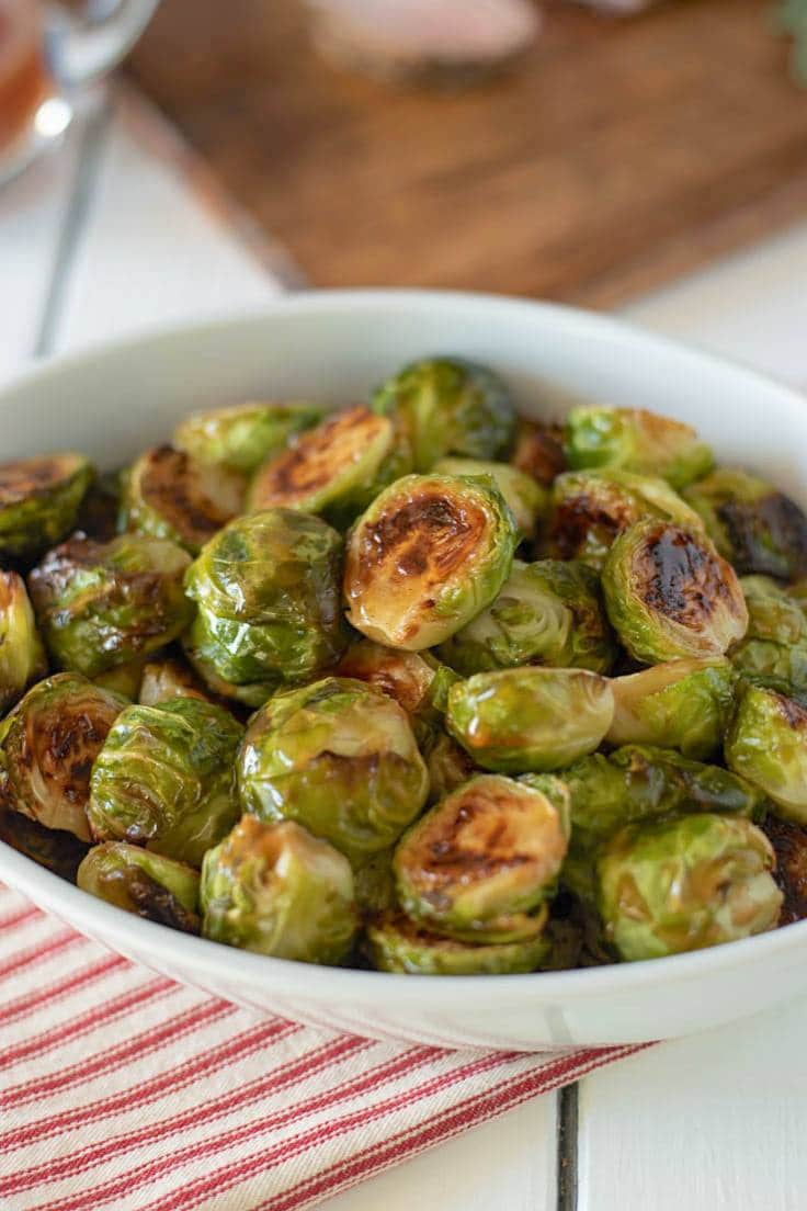 Perfectly roasted Brussels sprouts showing the glaze