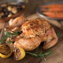 Rosemary roasted chicken with delicious gravy fresh out of the oven