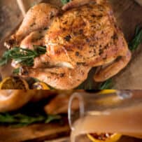 A whole roast chicken and pouring gravy
