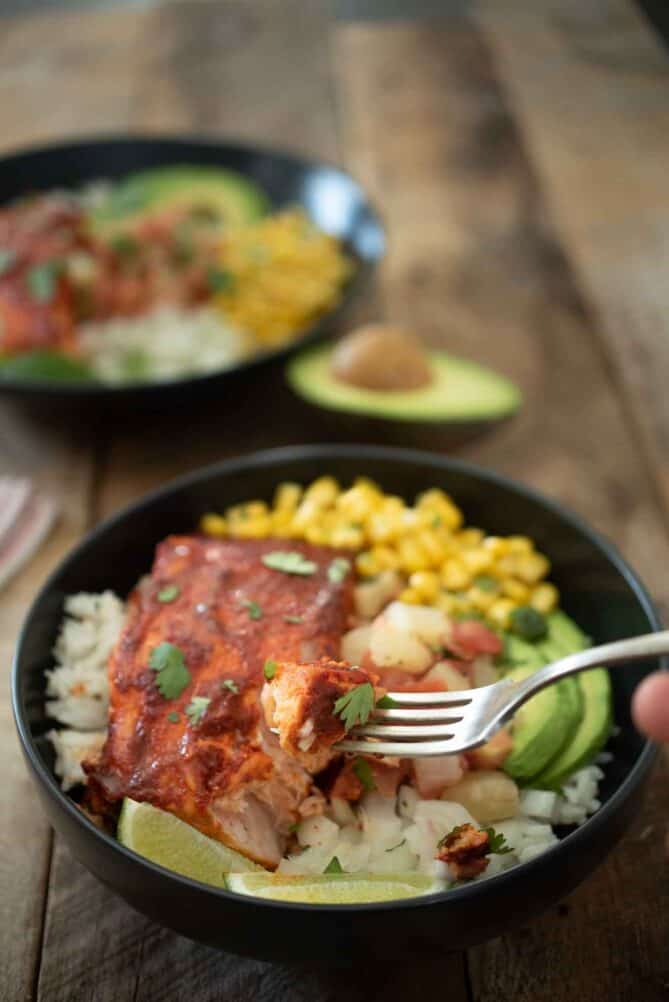 A piece of salmon on a fork