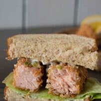 2 salmon fish fingers (fish sticks) in a sandwich