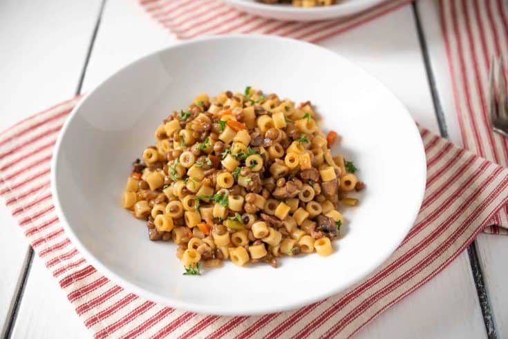 A white bowl filled with Sicilian Lentil Pasta