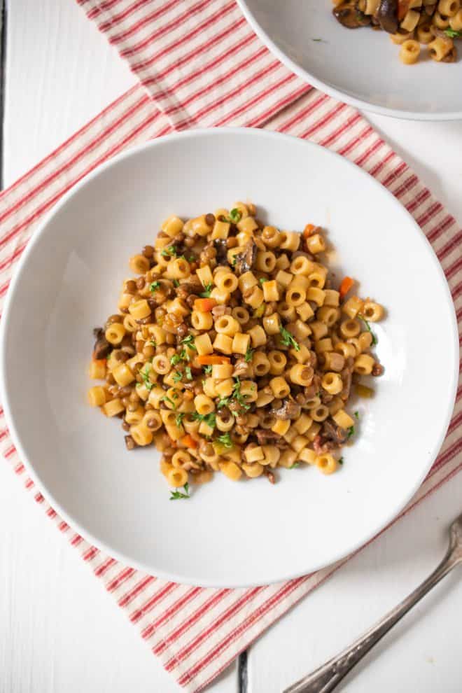 The lentil pasta viewed from overhead