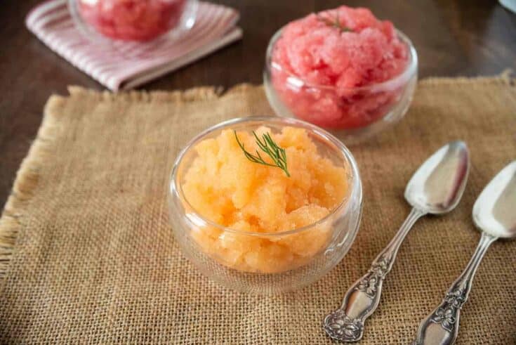 Orange cantaloupe and red watermelon granita in bowls