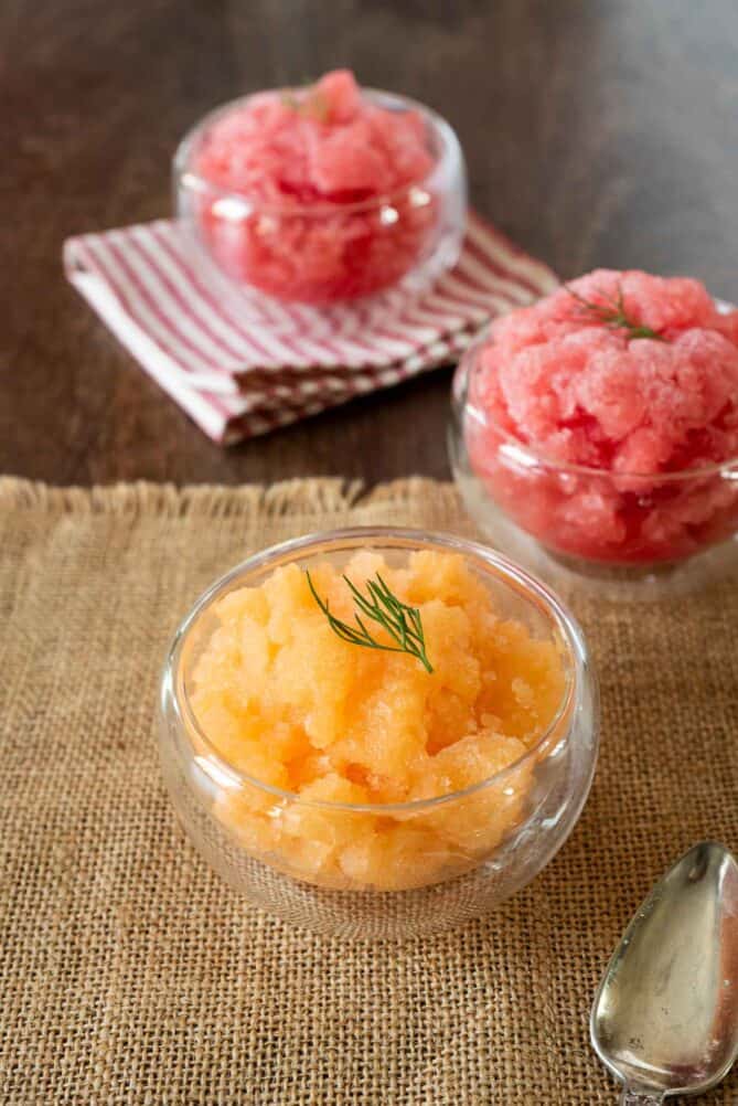 Melon and lemon granita served in glass bowls