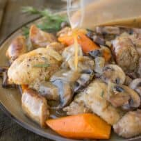 Chicken thighs, sausage, mushrooms and carrots with gravy