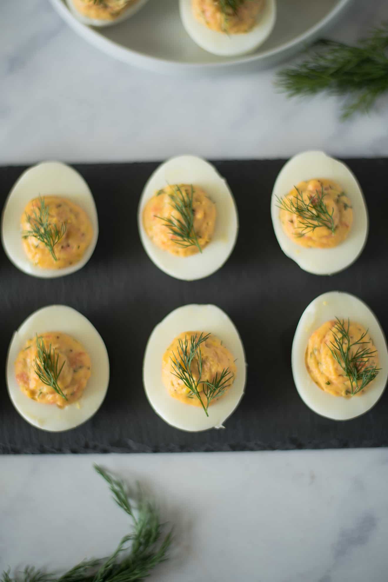 Viewed from above showing the smoked salmon flecked filling and fresh dill