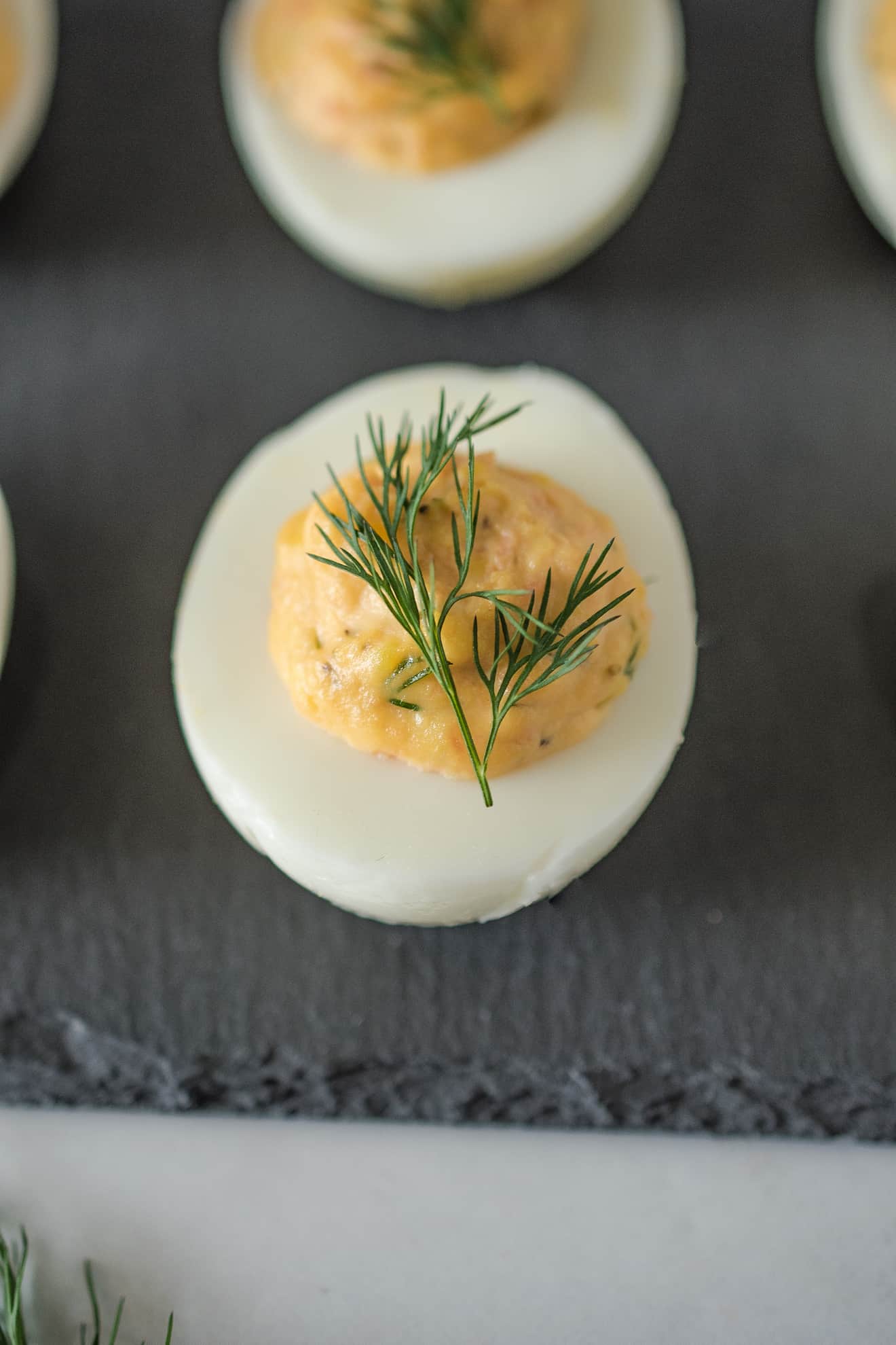A closeup of a deviled eggs