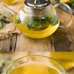 A glass teapot and glass mug with herbal teat