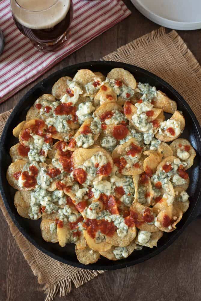 Spicy blue cheese potato chips viewed from overhead
