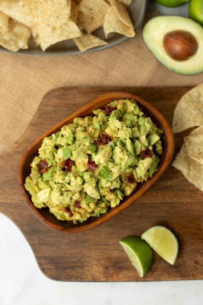 Spicy chipotle pepper guacamole viewed from overhead