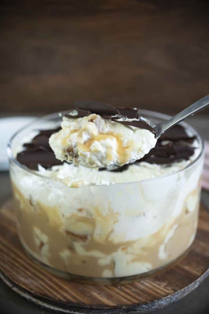A large spoonful of sticky toffee pudding trifle