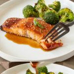 Eating salmon with a fork and pouring teriyaki sauce over salmon