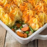 Turkey shepherd's pie showing the filling and sweet potato mash