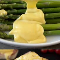 Hollandaise sauce over asparagus and an eggs Benedict