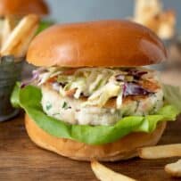 A flaky white fish burger viewed from the side