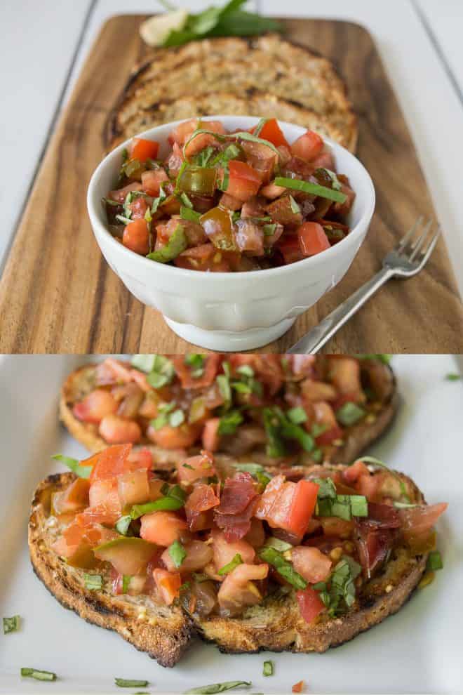 A bowl of chopped tomato and a tomato bruschetta